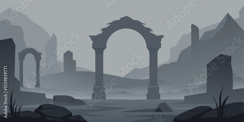 Misty morning fog envelops ancient Roman architecture, highlighting historic monuments and grand arches against the sky