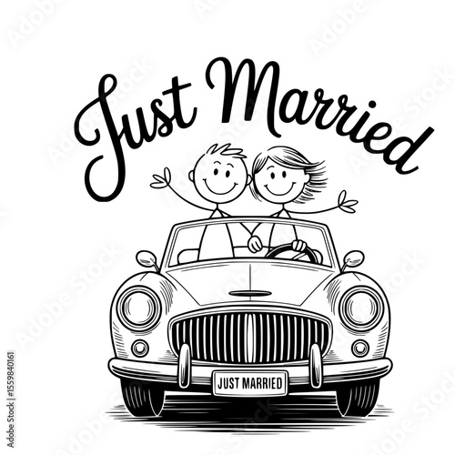 just married couple is driving car decorated for romantic wedding getaway celebration illustration