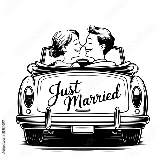 elegant classical just married car vintage wedding vehicle bride and groom romantic getaway illustration vector
