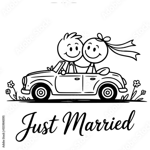 minimalist line art just married car romantic wedding getaway hand drawn bride and groom driving illustration vector