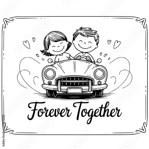 just married car, forever together banner, forever always sign, romantic wedding car, newlywed car decoration, just married banner, wedding car clipart, love forever couple, bride groom car ride, coup