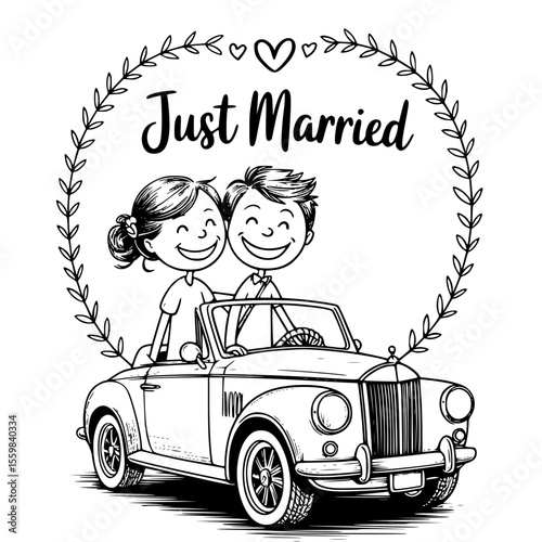  just married couple in wedding car enjoying joyful love moment and romantic getaway ride