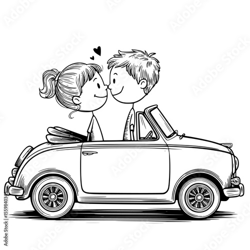 romantic just married car with couple face to face and about to kiss in a sweet love moment illustration