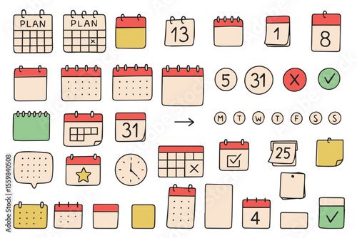 Doodle calendar symbol set. Calendar planner icon collection. Reminder organizer event signs. Calendar notification icon. Business plan schedule. Vector 