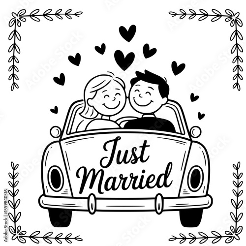 vintage style just married car with bride and groom driving away, decorated with cans, flowers and love signs