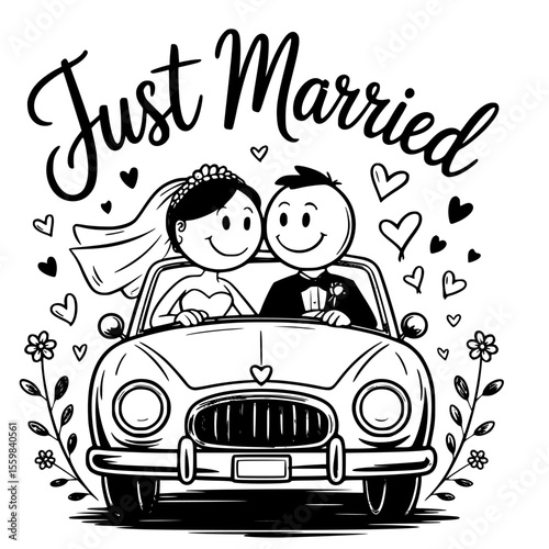 vintage style just married car with bride and groom driving away, decorated with cans, flowers and love signs