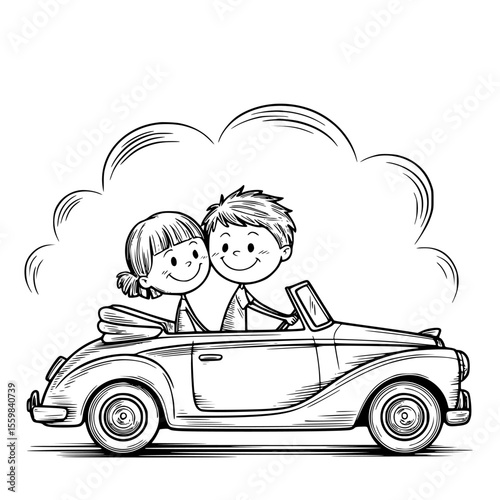 romantic floral decorated vintage just married car classic wedding vehicle with flower accents and bride and groom illustration