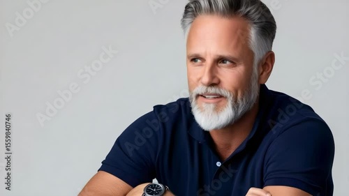 A mature man with gray hair and a beard, wearing a dark polo shirt, seated and smiling thoughtfully against a neutral background.