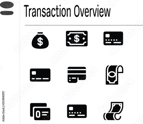 Transaction overview showing money bag dollar bill credit cards and rolled up cash in black and white