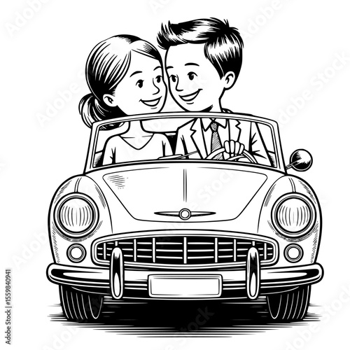 romantic just married wedding car illustration with bride and groom driving away in floral decorated vehicle