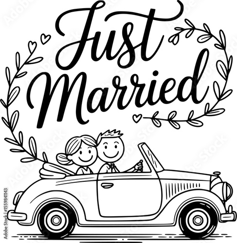romantic just married couple driving away in wedding car with heart balloons and cans – perfect honeymoon getaway illustration