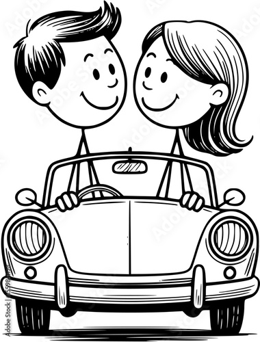 romantic just married couple driving away in wedding car with heart balloons and cans – perfect honeymoon getaway illustration