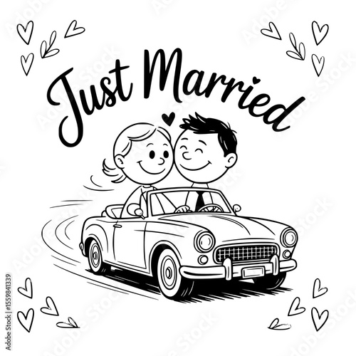 romantic just married couple driving away in wedding car with heart balloons and cans – perfect honeymoon getaway illustration