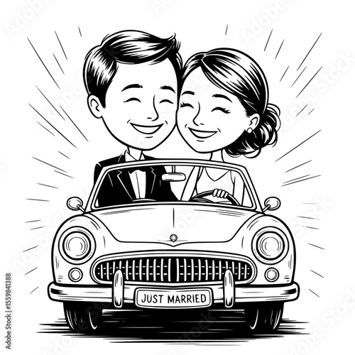 romantic just married couple driving away in wedding car with heart balloons and cans – perfect honeymoon getaway illustration