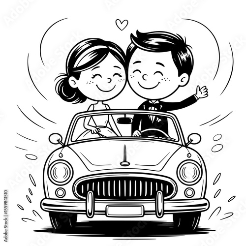 romantic just married couple driving away in wedding car with heart balloons and cans – perfect honeymoon getaway illustration