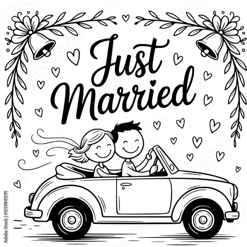 Just married couple driving away in floral decorated wedding car — romantic vector illustration for newlyweds, wedding clipart, and love celebration designs
