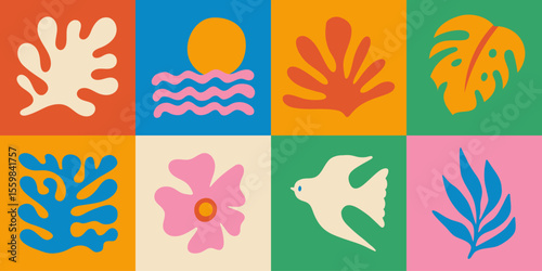 Vector shapes  in simple floral wavy and groovy naive style, ocean and vacation theme,  flowers and plants, floral botanic hand drawn design templates, modern art prints, surface design