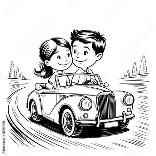 just married car illustration with floral decorations and romantic wedding getaway moment