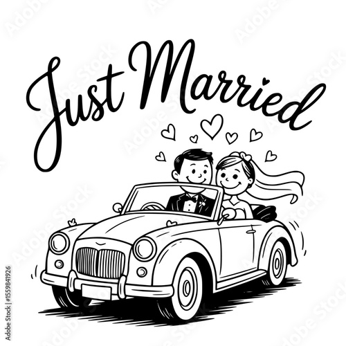 just married antique car with floral decorations for a timeless and romantic wedding getaway scene