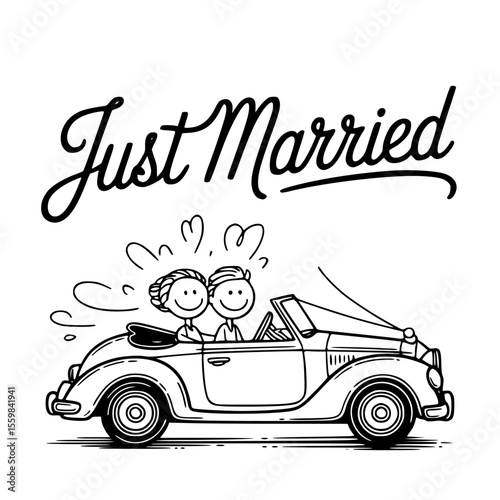 just married wedding car decorated with romantic banner and floral elements for couple’s special day