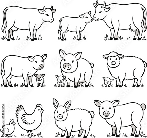 Black and white outline drawing of farm animals with their young on grass patches illustration