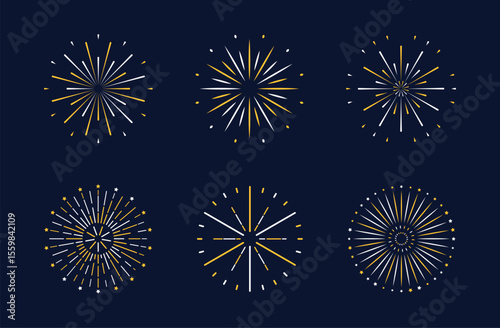 Fireworks set. Sparks yellow white decorative elements for new year, birthday, holiday banner, poster, flyer, greeting card. Round explosion icon. Bright pyrotechnic burst for festival design.