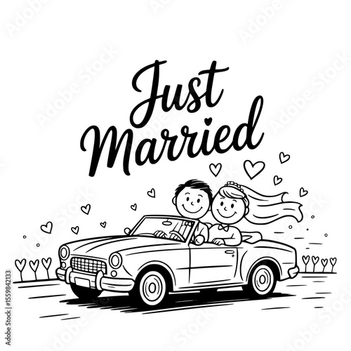 classic vintage just married car decorated with heart balloons for wedding getaway celebration