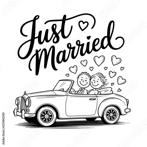 Elegant wedding car decorated with flowers and just married sign — perfect for romantic vector illustrations, newlywed designs, and bridal celebration clipart