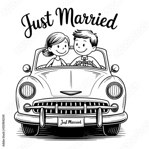 Classical just married car with floral decorations and bride and groom — perfect vintage wedding vector illustration, romantic clipart, and elegant celebration design