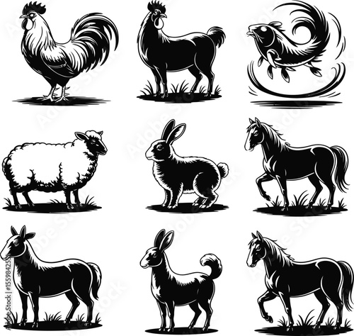 A collection of black and white animal illustrations including farm and wild animals on white background