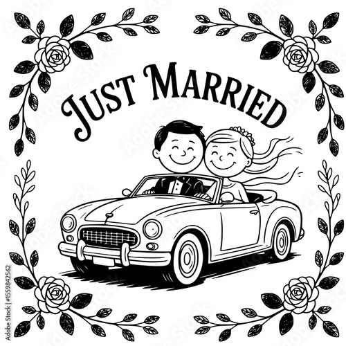 Just married car decorated with flowers and banner — perfect romantic wedding vector illustration, newlywed celebration clipart, and love-themed design