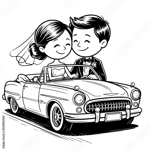 Just married couple in floral decorated wedding car — romantic vector illustration perfect for newlywed celebration, wedding clipart, and love-themed designs