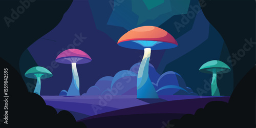 Enchanted Glow Luminescent Mushrooms in a Mystical Cave
