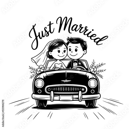 Just married car decorated with flowers and banner — perfect romantic wedding vector illustration, newlywed celebration clipart, and love-themed design