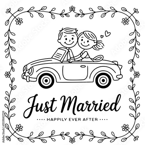 Just married car decorated with flowers and banner — perfect romantic wedding vector illustration, newlywed celebration clipart, and love-themed design