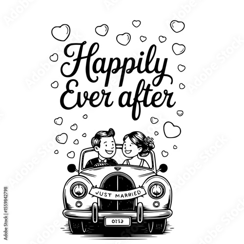 Just married couple driving away in a floral wedding car with Happily Ever After banner — perfect for romantic wedding clipart, vector art, and fairytale love scenes