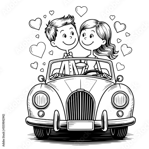 Antique just married car with floral decor and bride-groom illustration — perfect for vintage wedding clipart, classic vehicle vector scenes, and romantic celebration artwork