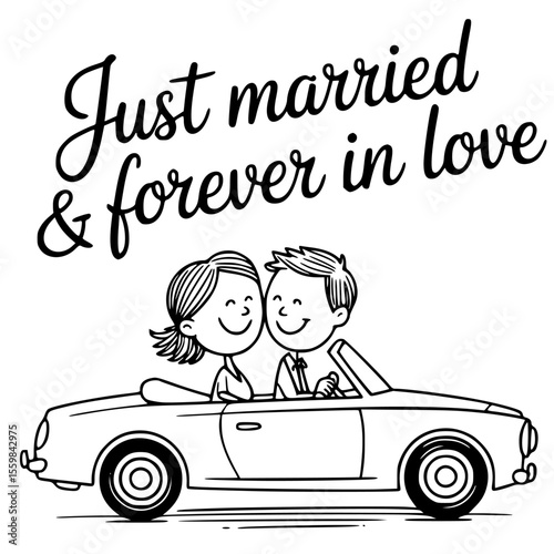 Just married couple forever in love illustration — romantic vector scene perfect for wedding clipart, love-themed invitations, and heartfelt newlywed celebration designs