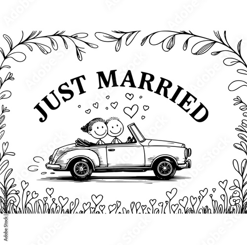 Romantic couple driving a just married car with floral decorations, perfect for wedding clipart, vector illustrations, love-themed invitations