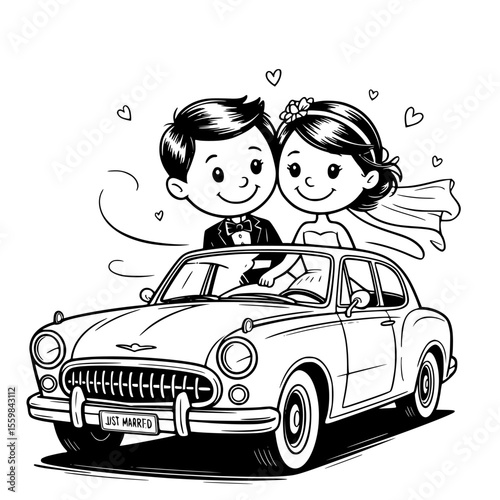 Elegant classical wedding car with vintage style and floral decorations, perfect for romantic just married scenes, wedding clipart, invitations, and love-themed vector illustrations
