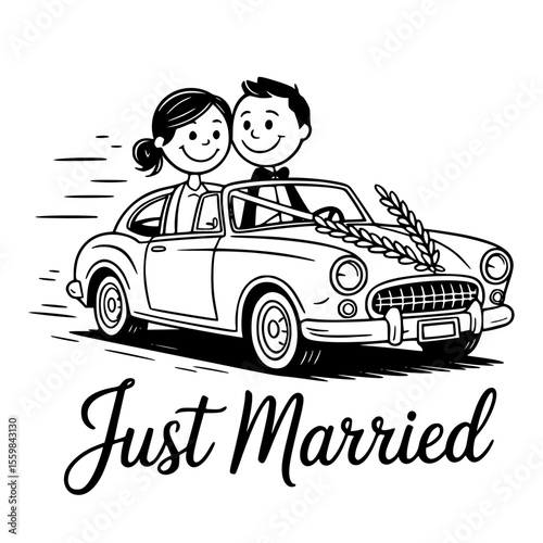 Floral decorated just married car illustration with bride and groom, perfect for romantic wedding vector designs, invitations, and elegant love-themed clipart artwork