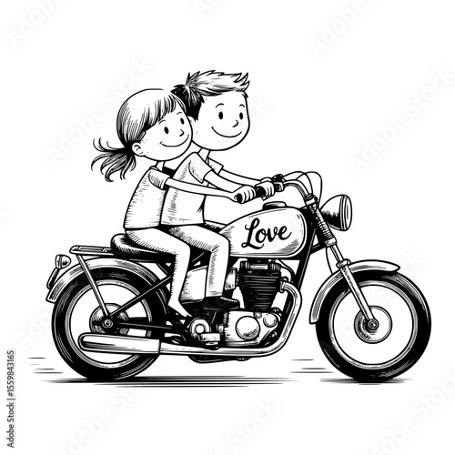 Romantic couple riding a motorcycle together, hand-drawn love adventure vector perfect for wedding escape scenes, honeymoon illustrations, and couple travel artworksRomantic couple riding a motorcycle