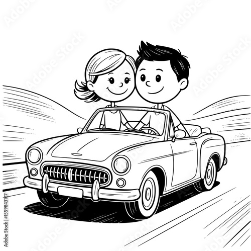 Wedding couple in a romantic decorated car with flowers and just married sign — perfect for love-themed vector illustrations, invitations, and celebration clipart