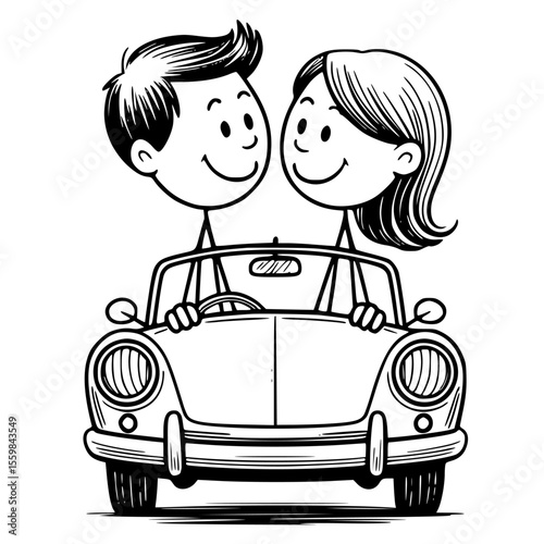 Romantic couple driving together in love car, hand-drawn vector illustration of sweethearts on a joyful journey, perfect for wedding, honeymoon, and love story designs