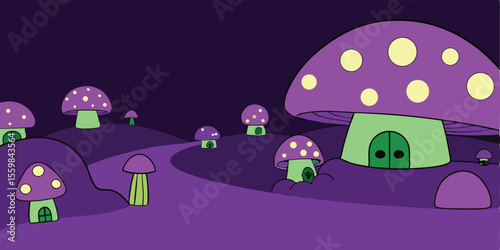 A quirky alien under a vibrant umbrella in the autumn rain, near a cartoon house, with a mushroom, tree, and plant, is a whimsical vector illustration of nature's playful weather art