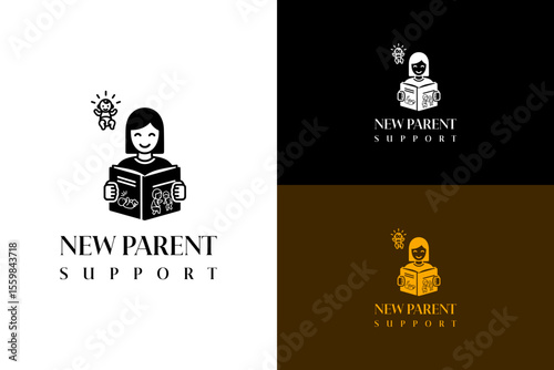 vector illustration of mother holding a guidebook with a baby floating above, logo for newborn care, parent education, parenting, first time parent, family wellness, new parent support, and more