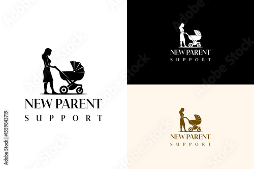 vector illustration of stroller being pushed by a mother, icon, logo for newborn care, baby care, parenting, parent education, first time parent, new parent support, and more
