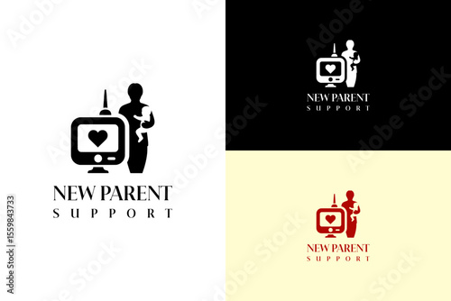 vector illustration of heart inside baby monitor with father holding a child, logo for baby care, first time parent, family wellness, newborn care, parent education, new parent support, and more