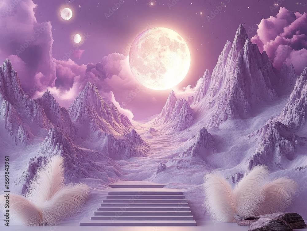 Naklejka premium Fantasy landscape moonlit mountains clouds dreamy scene ethereal backdrop serene view art
