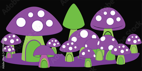 A vector cartoon illustration of a set of colorful flowers and cute mushrooms in the autumn rain